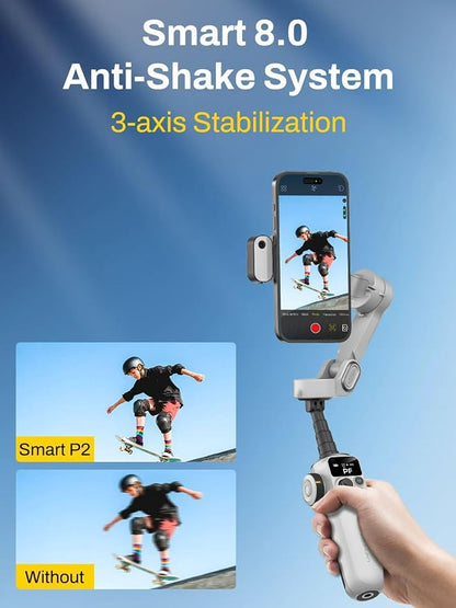 AOCHUAN Smart P2 Magnetic Gimbal Stabilizer for iPhone w/ 2-in-1 Fill Light & AI Tracking Sensor, Face Tracking No App Required, 3-Axis Phone Stabilizer w/Built-in Extension Rod, for Video Recording