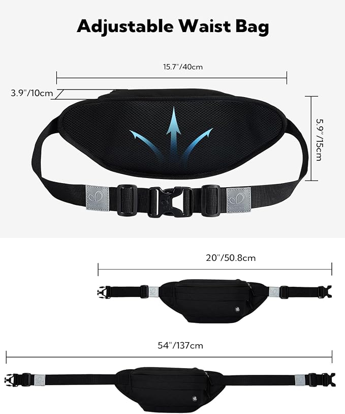 WATERFLY Running Belt Fanny Pack: Runner Marathon Jogging Waist Pack Sport Workout Exercise Fitness Phone Holder Belt for Men Women Jogger Slim Waistband Black