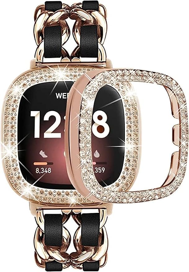 Stainless Steel Bands Compatible for Fitbit Versa 4/Fitbit Sense 2 Smartwatch With Bling Case Cover,Chic Leather Metal Wristband Accessories Strap for Women Bracelet (Rose Gold, Versa 3/Sense)
