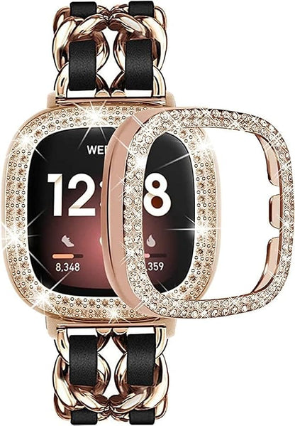 Stainless Steel Bands Compatible for Fitbit Versa 4/Fitbit Sense 2 Smartwatch With Bling Case Cover,Chic Leather Metal Wristband Accessories Strap for Women Bracelet (Rose Gold, Versa 3/Sense)