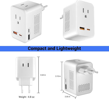 220V to 110V Voltage Conversion Plug Adapter for Traveling from USA to Europe with 2 USB and 2 USBC Ports PD 20 W, 2 AC Outlets International Power Adapter