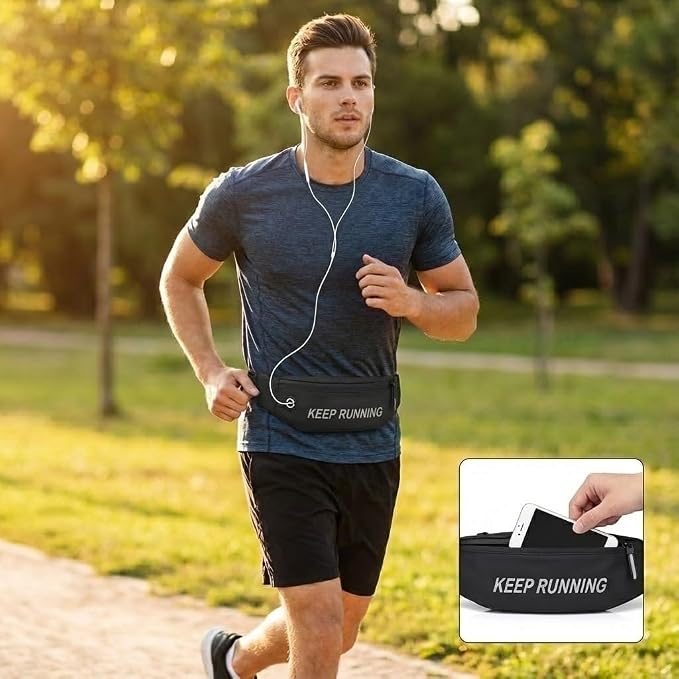 Slim Running Waist Pack for Women Men, Large Capacity Waist Belt with Organized Compartments, No-Bounce Secure Fit for Cycling, Hiking, Climbing Adventure & Reflective Safety Night Running - Black