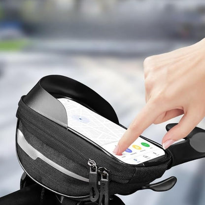 O'rengela Bike Phone Holder Bag Waterproof Bike Phone Mount Bag Bike Accessories EVA Hard Shell Bike Phone Pouch with Rain Cover Compatible with iPhone,Phones Below 6.5" (Black)