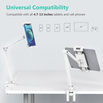 iPad Desk Mount, Adjustable Tablet Holder Clamp, 360 degree Rotation, Sturdy Aluminum Tablet Arm Mount for 4.7"-13" iPad Pro/Air/Mini, iPhone, Galaxy Tab, for Kitchen, Work, Video Call(White)
