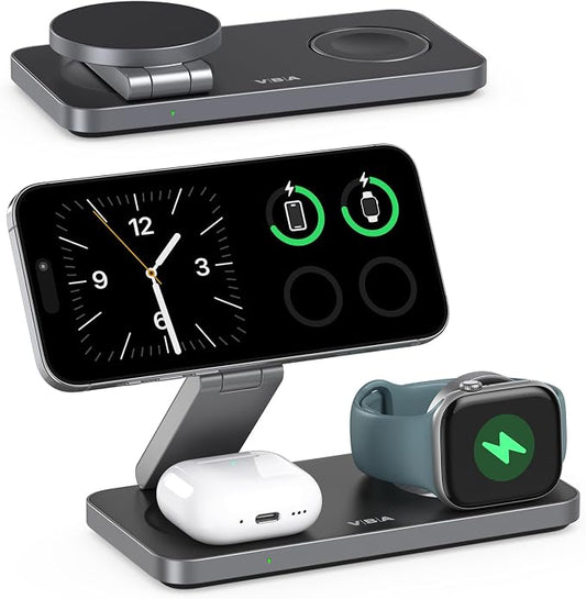 VBA 3 in 1 Wireless Charging Station for Apple MagSafe Charger,Foldable Fast Charging Magnetic Wireless Charger Stand,Travel Charger for iPhone 17 Air 16 15 14 13 12,Apple Watch,AirPods (Black)