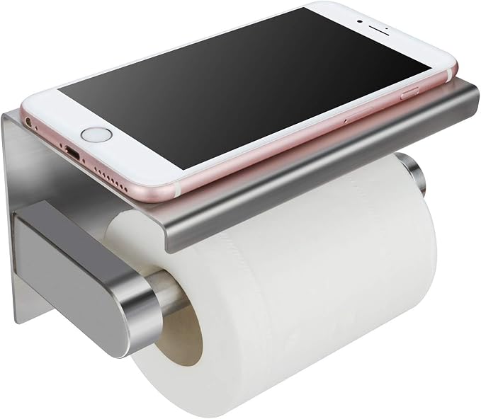 WAYDELI Toilet Paper Holder with Phone Shelf, Fit Mega Rolls, Tissue Roll Dispenser with Storage Shelf, SUS304 Stainless Steel, 3M Adhesive No Drill or Wall-Mounted with Screws - Brushed Nickel