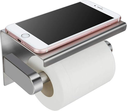 WAYDELI Toilet Paper Holder with Phone Shelf, Fit Mega Rolls, Tissue Roll Dispenser with Storage Shelf, SUS304 Stainless Steel, 3M Adhesive No Drill or Wall-Mounted with Screws - Brushed Nickel