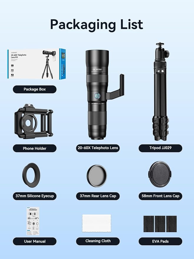 MIAO LAB 20-60X Zoom Telephoto Lens for Smartphones | High-Power Phone Lens Kit with Tripod & Universal Clip | Compatible with iPhone 17/16/15/14/13 Series, Samsung & Android Devices