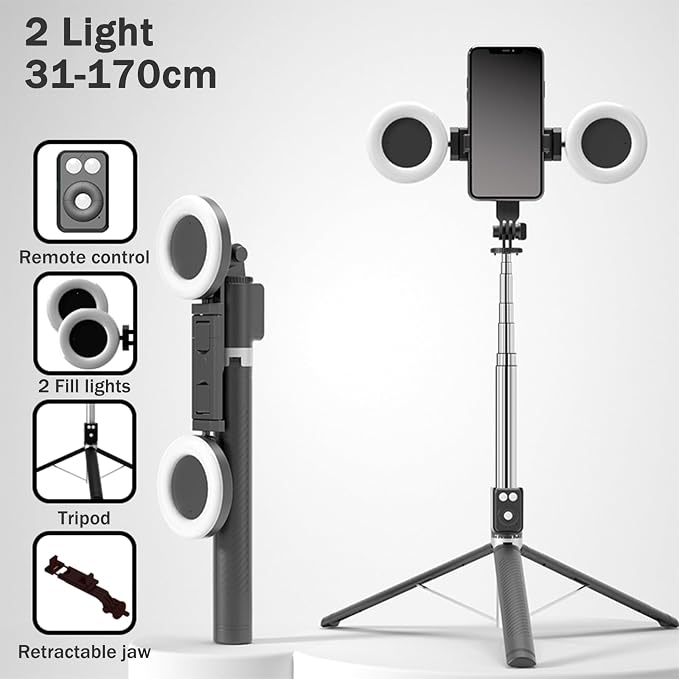 Selfie Stick Tripod with Fill Light, Phone Selfie Stick,Durable Stainless Steel Design,Bluetooth Remote Control,and Stable Three-Legged Support for Live Broadcasts,Video Shooting (Black)