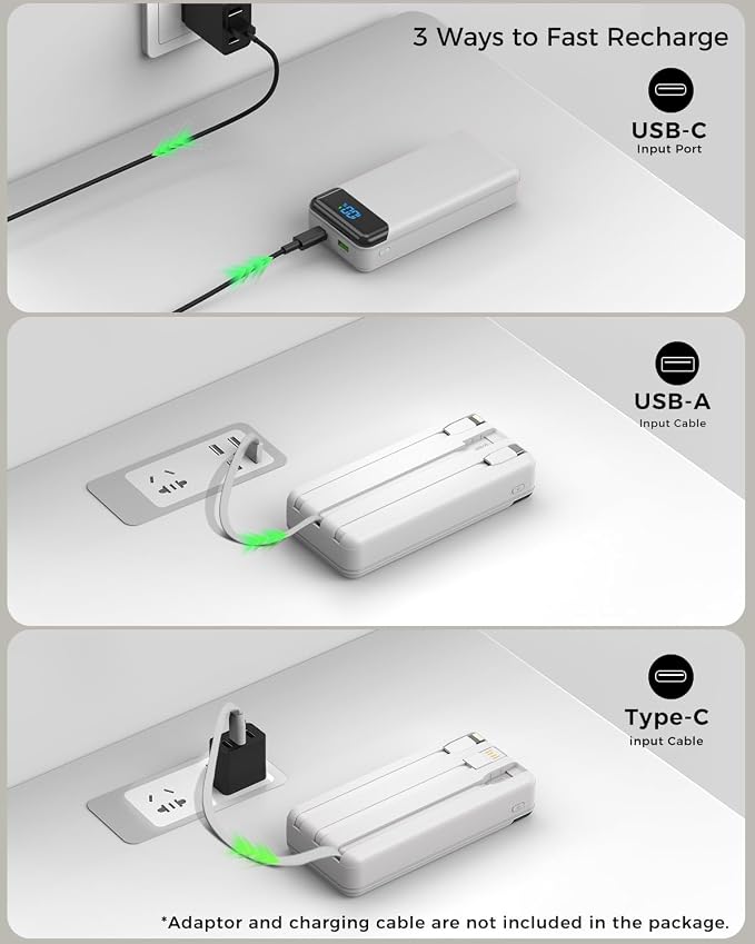Portable Charger 40000mAh Power Bank, PD 22.5W Fast Charging | Built-in Cable, 4 Output 3 Input, Digital Display, Compatible with iPhone 17 16 15 14 13 Android