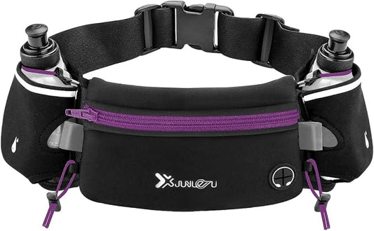 Number-one Running Belt with Water Bottles(2 x 175ML), Hydration Belt Waterproof Waist Pack Bag Fits iPhones Adjustable Sports Waist Pouch for Marathon Running Hiking Cycling, Purple