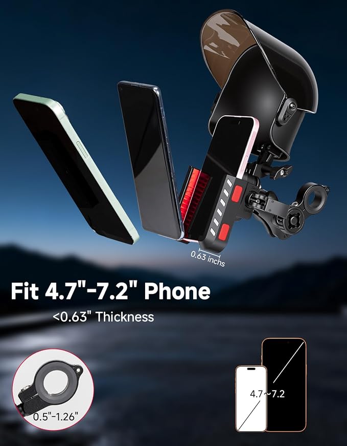 KEMIMOTO Motorcycle Phone Mount with Sun Hat, 360° Adjustable Quick Release, Anti-Vibration, Anti-Theft Phone Holder Fits 4.7"-7.2" Smartphones for Bike, ATV, Scooter, Golf Cart