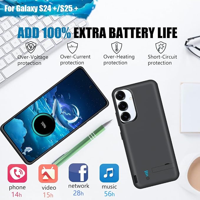 [Upgraded Battery Case for Samsung Galaxy S25+ / S24+, 5000mAh Rechargeable Extended Battery Charging Charger Case, Add 100% Extra Juice (6.7 Inches) Black