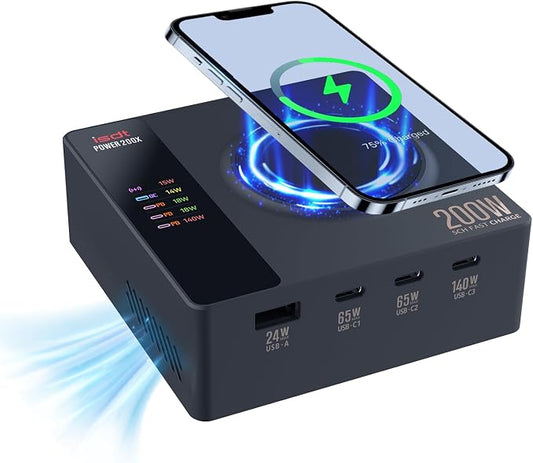 ISDT Power200X 200W Desktop Charging Station for Multiple Devices, 5-in-1 USB C Charger with 140W PD 3.1, Wireless Charging Pad for Laptop, Tablet, Phone & Earbuds with Display