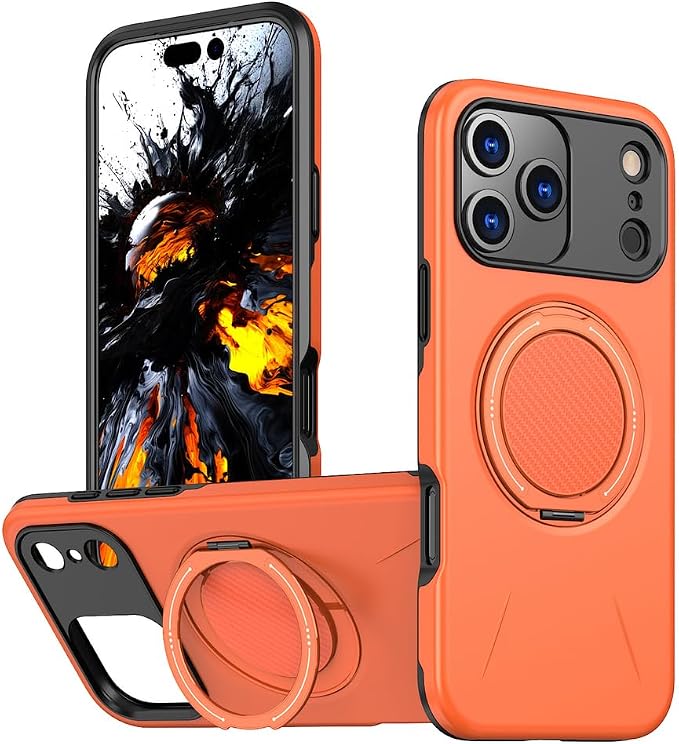 Shockproof Case for iPhone 17 Pro Max/17 Pro/17 Air/17, Magnetic Ring Adjustable Stand Cover Heavy Duty Protection Slim Hard Wireless Charging Shell (17,Orange)