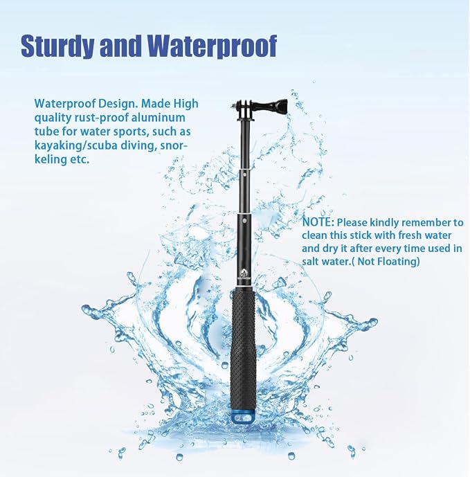 Selfie Stick + Camera Float Accessories Kit for GoPro,19” Waterproof Hand Grip Extension Portable Adjustable Monopod Pole for GoPro Hero 13 12 11 10 9 8 MAX 7 Black Silver White/6/5 Black/5S