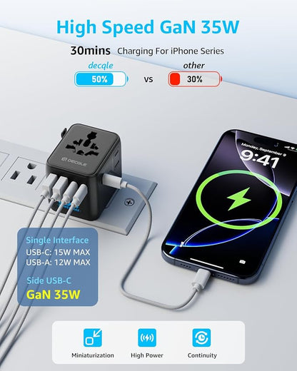 “Pro” Universal Travel Adapter 3 USB-C＆ 2 USB-A Cover 200+ Countries | GaN 35W, International Plug Adapter, All in One Portable Adapter, NOT A Voltage Converter, for USA, UK, EU, AU (Black)