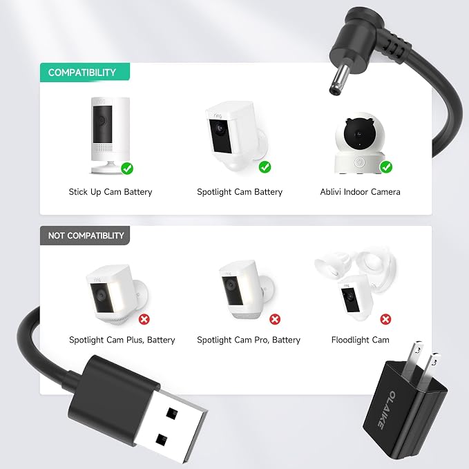 OLAIKE Indoor/Outdoor Power Adapter for Ring Stick Up Cam Battery 3rd Gen/2nd Gen/Plug-in, Weatherproof Cable(5m/16ft) to Continuously Charge Camera, No Need to Change Batteries, Black