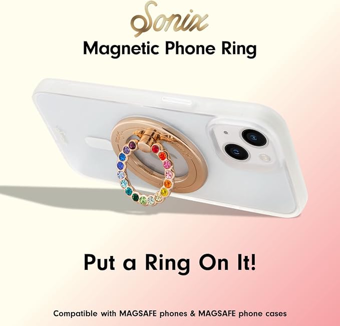 Sonix Magnetic Phone Grip and Phone Ring Holder - Compatible with MagSafe - Rotatable Kickstand and Phone Holder for iPhone 16, 15, 14, 13, 12 Series - Gold/Rainbow Rhinestone
