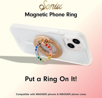 Sonix Magnetic Phone Grip and Phone Ring Holder - Compatible with MagSafe - Rotatable Kickstand and Phone Holder for iPhone 16, 15, 14, 13, 12 Series - Gold/Rainbow Rhinestone