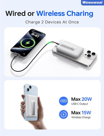 for Magsafe Portable Charger, 10000mAh Wireless Power Bank with Stand, USB C PD 20W Fast Charging Powerbank, Magnetic Battery Pack Compatible for iPhone 17/16/15/14/13/12 Series - White