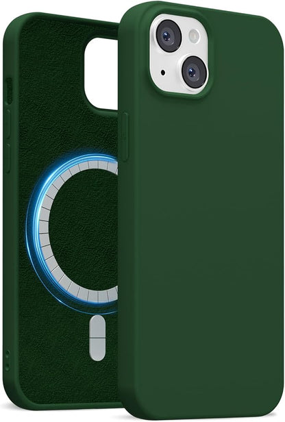 for iPhone 15 Case Silicone Compatible with Magsafe Case, Ultra Slim Thin Magnetic Phone Cases Mag Safe, Cute Soft Rubber Gel TPU Matte Plain Wireless Charging Cover for Women, Dark Green