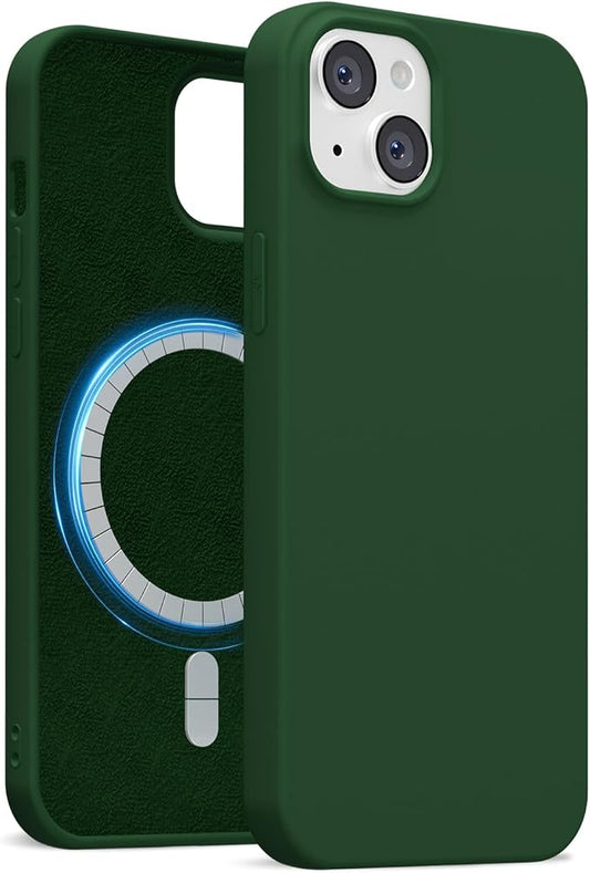 for iPhone 15 Case Silicone Compatible with Magsafe Case, Ultra Slim Thin Magnetic Phone Cases Mag Safe, Cute Soft Rubber Gel TPU Matte Plain Wireless Charging Cover for Women, Dark Green