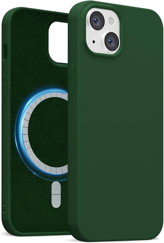 for iPhone 15 Plus/ 14 Plus Case Silicone Compatible with Magsafe Case, Ultra Slim Thin Magnetic Phone Cases Mag Safe, Cute Soft Rubber Gel Matte Wireless Charging Cover for Women, Dark Green