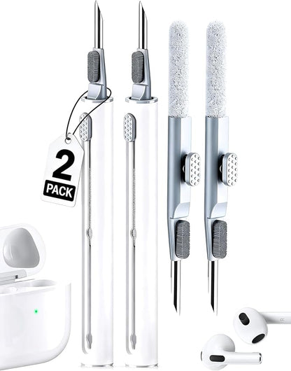 Cleaner Kit for Airpods, 2Pack Earbuds Cleaning kit for Airpods Pro 4 3 2 1, Multi-Function Cleaning Pen with Soft Brush Flocking Sponge for Bluetooth Earbuds, iPhone 17,16,Laptop, Camera (Pure white)