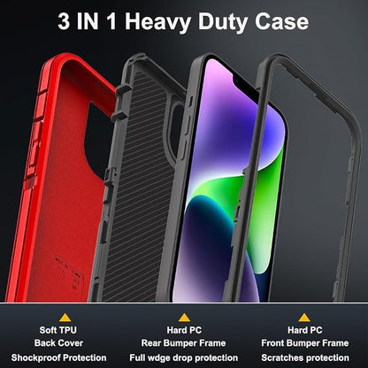 for iPhone 14 Plus Case with 2Pcs Tempered Glass Screen Protector and 1Pcs Camera Lens Protector, Military Grade 3 in 1 Heavy Duty Shockproof/Drop Proof/Dust Proof Case (Red/Black)