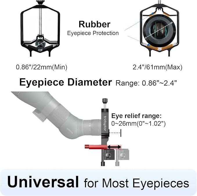 tridaptor - Universal Digiscoping Adapter | High-Precision Phone to Telescope 3-Axis Metal Holder Mount for Spotting Scope Monocular Microscope|Fits 2.4" Eyepiece Max&Most Cell Phone Camera