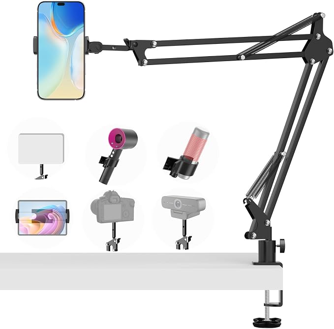 Overhead Camera Phone Mount, Desk Phone Stand for Recording, Phone Holder for Bed with Phone/Tablet/Mic Clamps, 1/4" Thread Magic Arm for DSLR, Webcam, iPad, TikTok, YouTube, Streaming, Cooking, Video