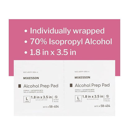 McKesson Alcohol Prep Pads [Pack of 1000] 70% Isopropyl, Individually Wrapped Wipes, Sterile, Medical-Grade, First Aid, Large, 100 Count, 10 Boxes