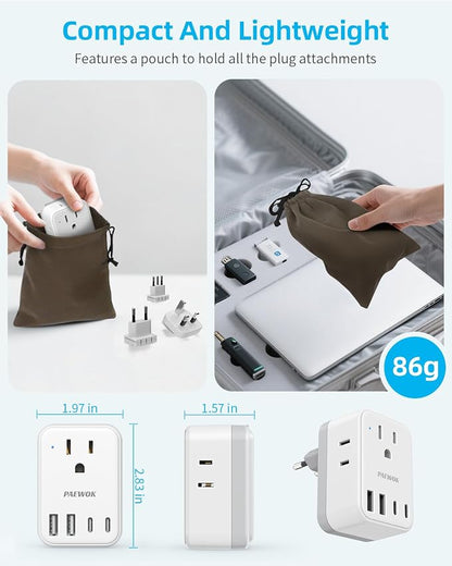 European Travel Plug Adapter Set, 8-in-1 Travel Adapter with 4 Outlets | Universal Travel Adapter, 4 USB Ports (2 USB C), Type G/C/L Detachable Plugs, US to EU/UK Italy, International Power Adapter