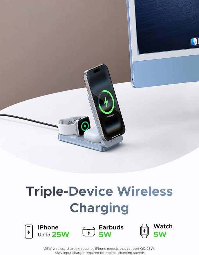 UGREEN 25W 3-in-1 Foldable Magflow Wireless Charger, Qi2 Magsafe Travel Charger for iPhone 17/16/15/14/13/12 AirPods and Apple Watch, Ultra-Compact Pocket-Size Charging Pad