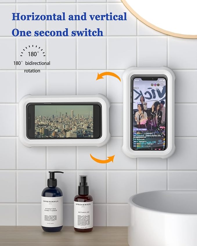 Waterproof Shower Phone Holder with 360° Rotation, Wall Mounted, Angle Adjustable for Bathroom Mirror Bathtub Kitchen, Up to 6.8 Inch