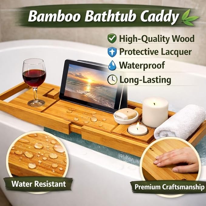 Creative Factory Luxury Bathtub Caddy Tray, Four Storage Rooms on the Board with Grey Fabric for Electronic Tablet Holder or a Book, Soap or Phone, Glass of Wine Slot (Natural Bamboo Wood Color)