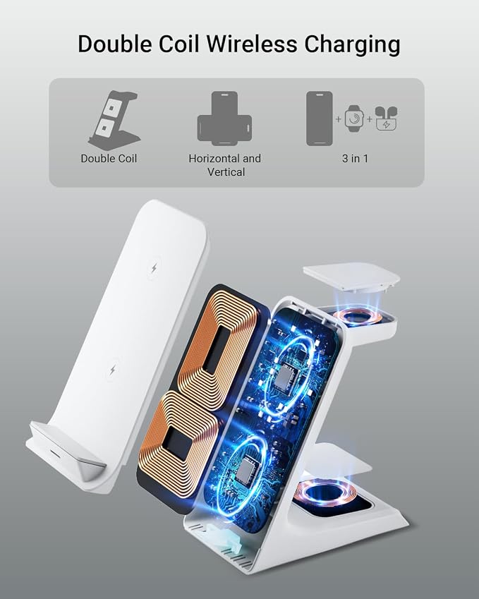 Wireless Charger for Thick Cases of 10MM/Otterbox/Heavy Duty, 3 in 1 Charging Dock for iPhone 17 16 15 14 Pro Max, Phone Stand Charging Station for Multiple Devices for Apple Watch/AirPods