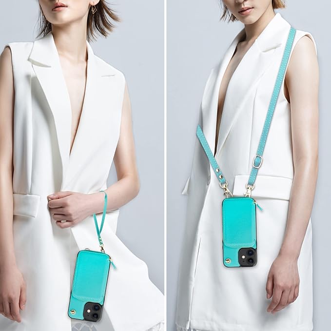Bocasal Crossbody Wallet Case for iPhone 12/12 Pro, RFID Blocking Leather Purse Case with Card Holder, Protective Handbag Flip Cover with Zipper Wrist Strap Lanyard for Women 5G 6.1 Inch (Mint Green)