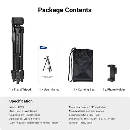 NEEWER Entry Level Version Tripod for Cell Phone & Camera, Metal Lightweight Portable Travel Stand with Cold Shoe Cellphone Holder Mount Compatible with iPhone for Video Recording Filming, TP53