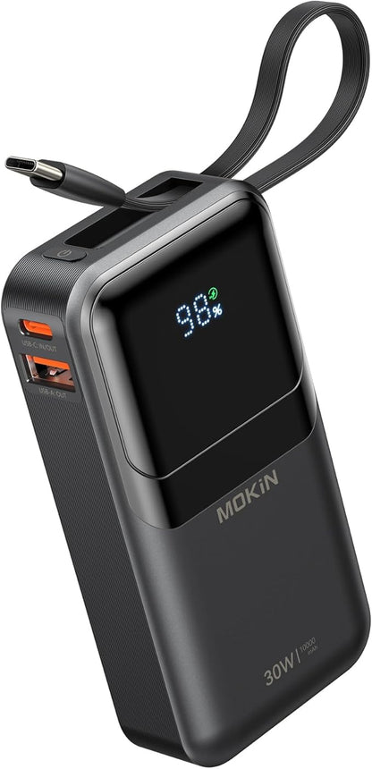 MOKiN Portable Charger, 10000mAh 30W Power Bank Fast Charging, Phone Battery Pack with Built in Cable, 4 Outputs, Travel Compact Powerbank USB C for iPhone iPad Pro MacBook Air Samsung