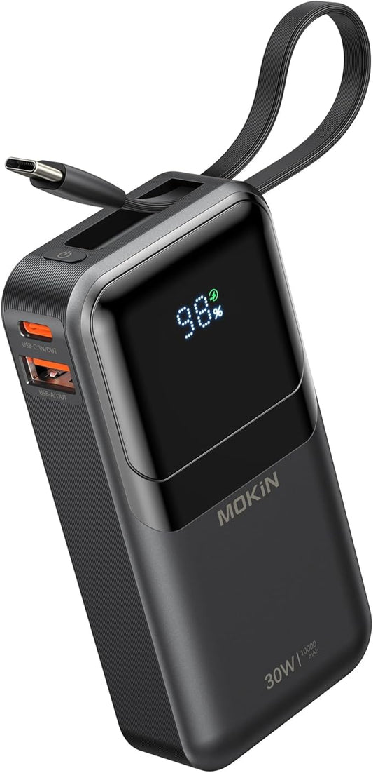MOKiN Portable Charger, 10000mAh 30W Power Bank Fast Charging, Phone Battery Pack with Built in Cable, 4 Outputs, Travel Compact Powerbank USB C for iPhone iPad Pro MacBook Air Samsung