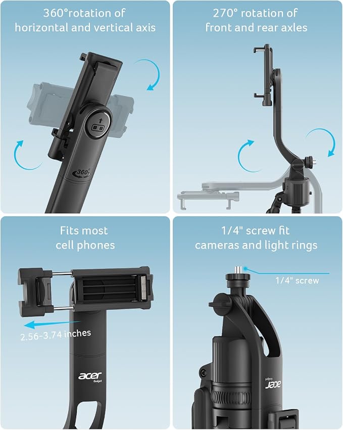 Acer Gadget Auto Face Tracking Tripod for iPhone/Cell Phone/Android/Camera with Light and Remote, 64", No App, 360°Rotating Tripod Selfie Stick for Tiktok YouTube Vlog Live Streaming Video Recording
