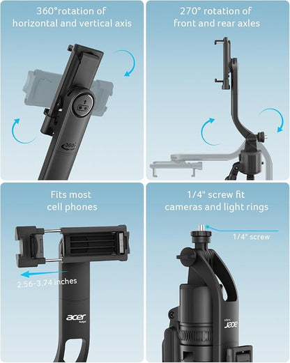 Acer Gadget Auto Face Tracking Tripod for iPhone/Cell Phone/Android/Camera with Light and Remote, 64", No App, 360°Rotating Tripod Selfie Stick for Tiktok YouTube Vlog Live Streaming Video Recording