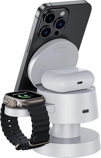 4 in 1 Magnetic Wireless Charging Station,15W Fast Charging with Night Light for MagSafe Charger Stand,3 in 1 Wireless Charger for iPhone 17/16/15/14/13 Pro Max,Apple Watch & AirPods,White