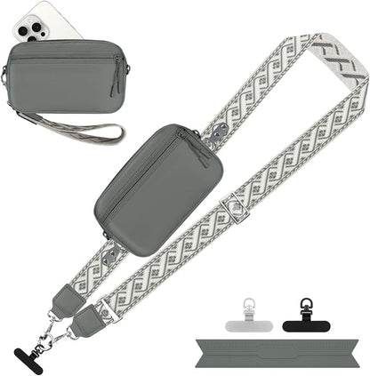 YFWE Clip and Go Strap for Phone with Wallet Crossbody, Adjustable Phone Lanyard with Detachable RFID Wristlet Wallet, Pattern Strap - Grey(L)