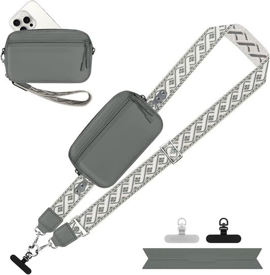 YFWE Clip and Go Strap for Phone with Wallet Crossbody, Adjustable Phone Lanyard with Detachable RFID Wristlet Wallet, Pattern Strap - Grey(L)