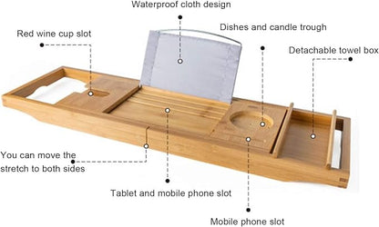 Bath Caddy Tray Bamboo Bathtub Tray Caddy Expandable with Wine Glass Holder and Book Stand