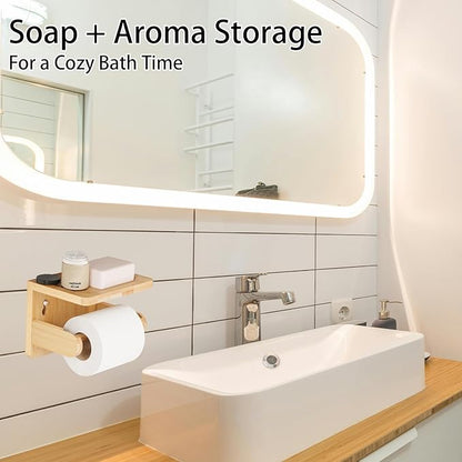 Drill-Free Toilet Paper Holder with Phone Shelf Bamboo Wall-Mounted, No-Drill & Drillable, Bathroom Storage Organizer, Space Saver Tissue Roll Rack for Bathroom, Kitchen, Home Decor (Natural)