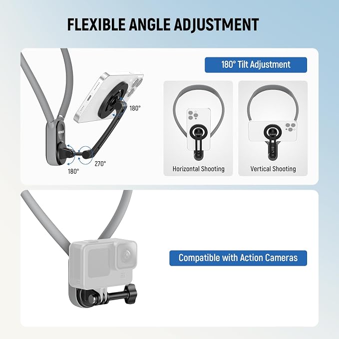 Neewer Magnetic Neck Holder for Action Camera Phone Hands Free Neck Tripod Chest Mount Compatible with GoPro DJI Insta360 iPhone15 Android Neck Phone Holder for POV Vlog, Gray, GP16